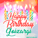 Bright birthday candles with rainbow flames on a cake, alongside the text 'Happy Birthday Goizargi' in vibrant script in this celebratory animated GIF.
