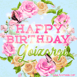 A charming animated GIF featuring 'Happy Birthday Goizargi' in pink and green text, surrounded by delicate roses, leaves, and fluttering butterflies on a soft light blue pastel background.