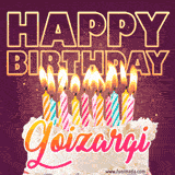 A colorful birthday cake topped with lit candles, with the words 'Happy Birthday Goizargi' in bold glowing letters on a burgundy background. Animated flames add a festive touch.