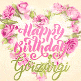 A stunning heart made of pink roses surrounds the elegant script text 'Happy Birthday Goizargi' on a soft beige background. Animated sparkles add a magical and festive feel.