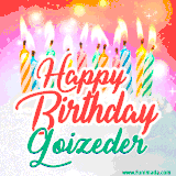 Bright birthday candles with rainbow flames on a cake, alongside the text 'Happy Birthday Goizeder' in vibrant script in this celebratory animated GIF.