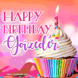 A vibrant birthday GIF featuring a rainbow-colored cupcake topped with white frosting, sprinkles, and a lit candle. The text reads 'Happy Birthday Goizeder' in bold pink and violet letters with white outline.