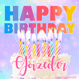 A vibrant animated name GIF with the words 'Happy Birthday Goizeder' with colorful candles on a creamy cake. The background sparkles with pastel shades, adding a festive touch.