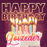 A colorful birthday cake topped with lit candles, with the words 'Happy Birthday Goizeder' in bold glowing letters on a burgundy background. Animated flames add a festive touch.