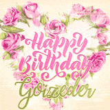 A stunning heart made of pink roses surrounds the elegant script text 'Happy Birthday Goizeder' on a soft beige background. Animated sparkles add a magical and festive feel.