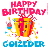 A vibrant and funny gift box character with a happy face dancing with a cupcake and the text 'Happy Birthday Goizeder,' surrounded by animated confetti and party vibes.