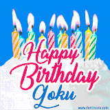 A cheerful animated GIF featuring colorful lit birthday candles on a white cake, with the text 'Happy Birthday Goku' in bold red and blue script on a bright blue background.