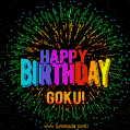 A colorful animated GIF featuring the text 'Happy Birthday Goku!' in rainbow colors with a dynamic iridescent firework display in the background.