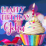 A festive animated GIF featuring a colorful cupcake with a single lit candle, sprinkles, and 'Happy Birthday Goku' text against a sparkling, celebratory background.