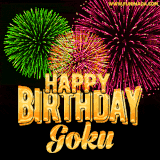 A captivating GIF with bursts of green, pink, and orange fireworks lighting up the night sky, accompanied by 'Happy Birthday Goku' in glowing golden text.