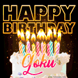 A vibrant animated GIF featuring a delicious birthday cake topped with glowing candles and the name 'Goku' in elegant script, and the words 'Happy Birthday' on the black background.