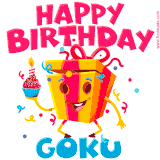 A funny animated birthday GIF with the words 'Happy Birthday Gokua', colorful gift box with arms and legs, holding a cupcake with a lit candle  with confetti everywhere.