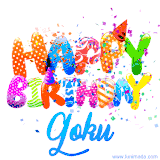 Animated GIF with colorful, festive 'Happy Birthday Goku' text decorated with patterns, a party hat, and falling confetti. A vibrant and cheerful design for birthday celebrations.