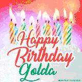 Bright birthday candles with rainbow flames on a cake, alongside the text 'Happy Birthday Golda' in vibrant script in this celebratory animated GIF.
