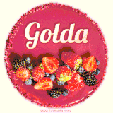 Beautifully decorated red velvet berry birthday cake with vibrant fruits and a glowing 'Golda' name, adding a touch of sweetness and sparkle.