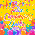 A bright and festive GIF with the text 'Feliz Cumpleaños Golda' in Spanish in colorful fonts, surrounded by confetti, balloons, and festive banners on a vibrant yellow background.