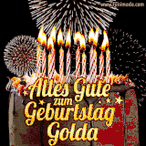 A chocolate birthday cake with glowing candles, the German text 'Alles Gute zum Geburtstag Golda,' and vibrant fireworks lighting up the background in an animated GIF.
