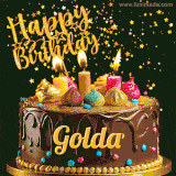 A delightful chocolate birthday cake with bright candles and 'Happy Birthday Golda' written in gold amidst a shower of animated stars.
