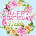 A charming animated GIF featuring 'Happy Birthday Golda' in pink and green text, surrounded by delicate roses, leaves, and fluttering butterflies on a soft light blue pastel background.