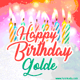 Bright birthday candles with rainbow flames on a cake, alongside the text 'Happy Birthday Golde' in vibrant script in this celebratory animated GIF.