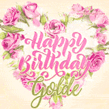A stunning heart made of pink roses surrounds the elegant script text 'Happy Birthday Golde' on a soft beige background. Animated sparkles add a magical and festive feel.