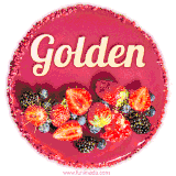 Beautifully decorated red velvet berry birthday cake with vibrant fruits and a glowing 'Golden' name, adding a touch of sweetness and sparkle.