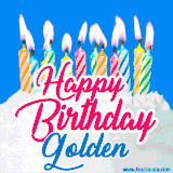 A cheerful animated GIF featuring colorful lit birthday candles on a white cake, with the text 'Happy Birthday Golden' in bold red and blue script on a bright blue background.