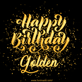 Animated GIF with colorful, festive 'Happy Birthday Golden' text decorated with patterns, a party hat, and falling confetti. A vibrant and cheerful design for birthday celebrations.