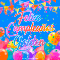 A vibrant animated GIF with 'Feliz Cumpleaños Golden' written in colorful script, surrounded by balloons, confetti, and bunting on a bright blue background.