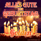 An animated GIF featuring 'Alles Gute Zum Geburtstag Golden' in glowing red and gold letters above a cake with colorful lit candles, set against a festive sparkling background.
