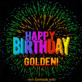 A colorful animated GIF featuring the text 'Happy Birthday Golden!' in rainbow colors with a dynamic iridescent firework display in the background.