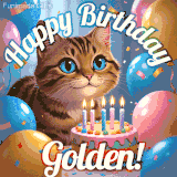 A playful tabby cat sits behind a colorful birthday cake surrounded by balloons and confetti, with 'Happy Birthday Golden!' written above in festive letters.