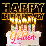 A vibrant animated GIF featuring a delicious birthday cake topped with glowing candles and the name 'Golden' in elegant script, and the words 'Happy Birthday' on the black background.