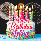 A lively happy birthday animated GIF showcasing a colorful birthday cake covered in sprinkles, topped with glowing candles, and surrounded by vibrant fireworks. The name 'Golden' is featured in elegant script.