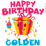 A funny animated birthday GIF with the words 'Happy Birthday Goldena', colorful gift box with arms and legs, holding a cupcake with a lit candle  with confetti everywhere.