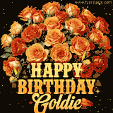 Animated bouquet of orange roses with moving butterfles and golden 'Happy Birthday Goldie' text, surrounded by sparkling accents and a dark backdrop for a luxurious feel.