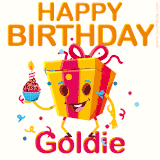 A vibrant and funny gift box character with a happy face dancing with a cupcake and the text 'Happy Birthday Goldie,' surrounded by animated confetti and party vibes.