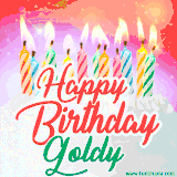 Bright birthday candles with rainbow flames on a cake, alongside the text 'Happy Birthday Goldy' in vibrant script in this celebratory animated GIF.