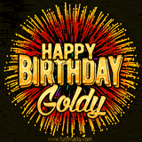Golden 'Happy Birthday Goldy' text accompanied by animated rainbow fireworks for a festive animated greeting.