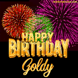 A golden 'Happy Birthday Goldy' message with vibrant fireworks in the background, creating a festive and celebratory vibe in this animated name GIF.