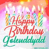 Bright birthday candles with rainbow flames on a cake, alongside the text 'Happy Birthday Goleuddydd' in vibrant script in this celebratory animated GIF.