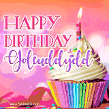 A vibrant birthday GIF featuring a rainbow-colored cupcake topped with white frosting, sprinkles, and a lit candle. The text reads 'Happy Birthday Goleuddydd' in bold pink and violet letters with white outline.