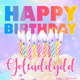 A vibrant animated name GIF with the words 'Happy Birthday Goleuddydd' with colorful candles on a creamy cake. The background sparkles with pastel shades, adding a festive touch.
