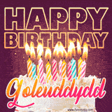 A colorful birthday cake topped with lit candles, with the words 'Happy Birthday Goleuddydd' in bold glowing letters on a burgundy background. Animated flames add a festive touch.