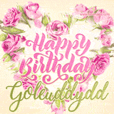 A stunning heart made of pink roses surrounds the elegant script text 'Happy Birthday Goleuddydd' on a soft beige background. Animated sparkles add a magical and festive feel.