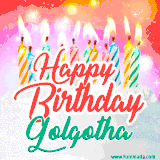 Bright birthday candles with rainbow flames on a cake, alongside the text 'Happy Birthday Golgotha' in vibrant script in this celebratory animated GIF.