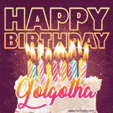 A colorful birthday cake topped with lit candles, with the words 'Happy Birthday Golgotha' in bold glowing letters on a burgundy background. Animated flames add a festive touch.