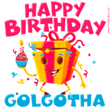 A vibrant and funny gift box character with a happy face dancing with a cupcake and the text 'Happy Birthday Golgotha,' surrounded by animated confetti and party vibes.