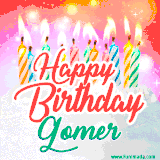 Bright birthday candles with rainbow flames on a cake, alongside the text 'Happy Birthday Gomer' in vibrant script in this celebratory animated GIF.