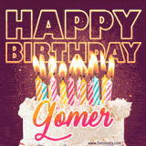 A colorful birthday cake topped with lit candles, with the words 'Happy Birthday Gomer' in bold glowing letters on a burgundy background. Animated flames add a festive touch.